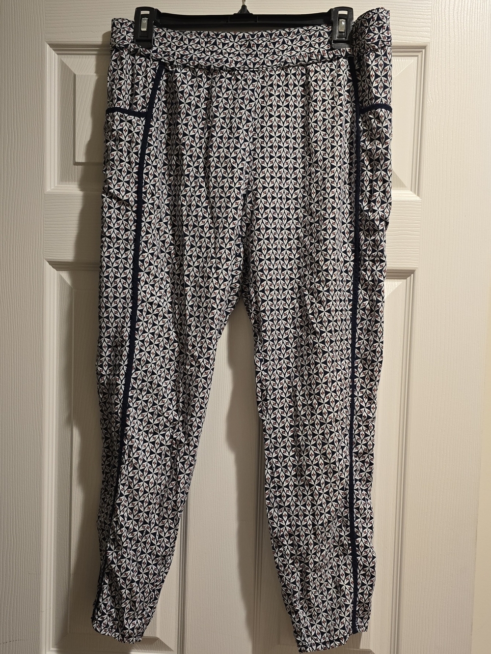 Printed Navy & White Jogger Pants with Side Trim